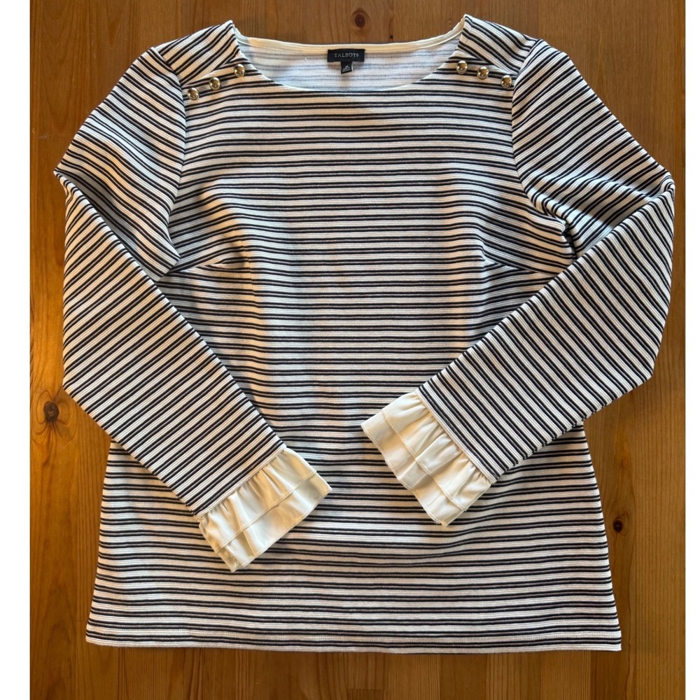 Talbots Black White Striped Metallic Button Shoulder Ruffle Cuff Top Women's M